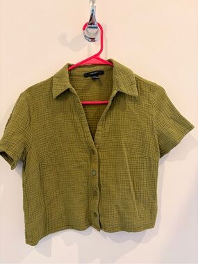 Olive Green Short-Sleeve Button Front Top